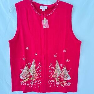 Quaker Factory  Vest Women M Red Embroidered Trees Zipper Front Holiday Sweater